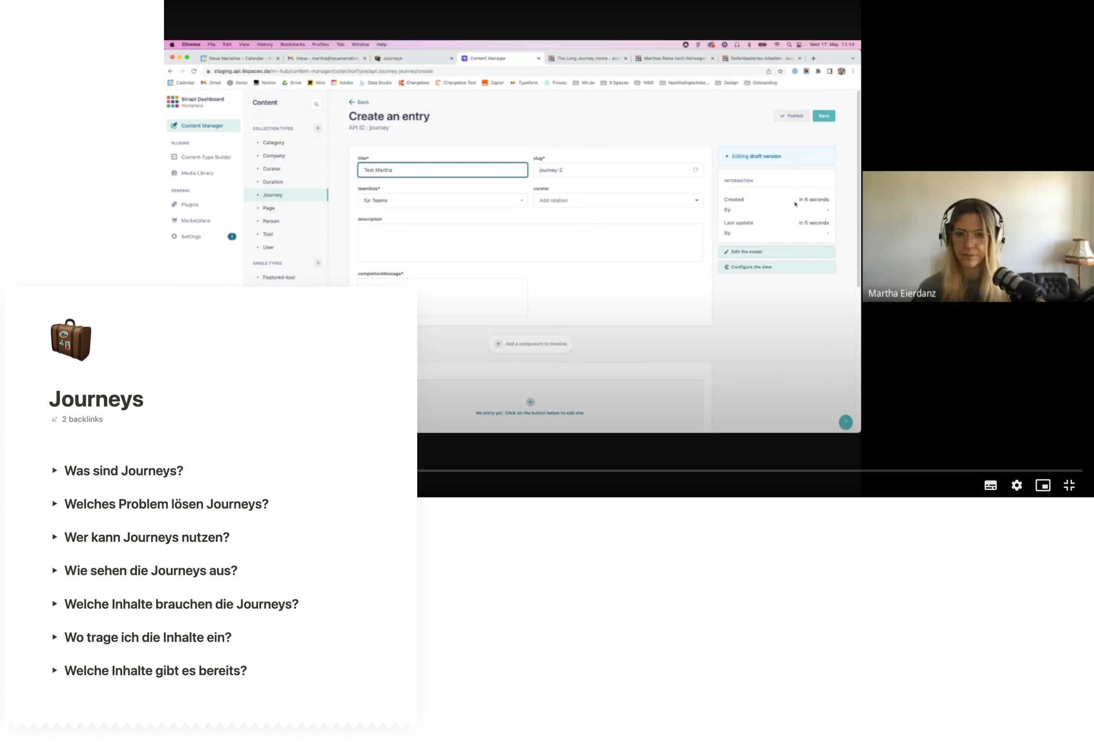 Extract of documentation and video call with screensharing showing 9 Spaces’ content management system