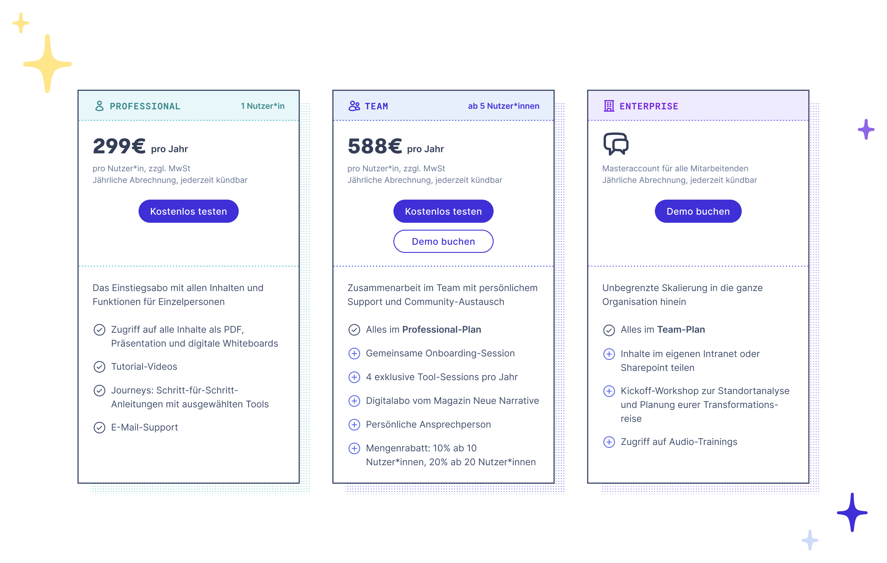 Design of pricing cards for three subscriptions