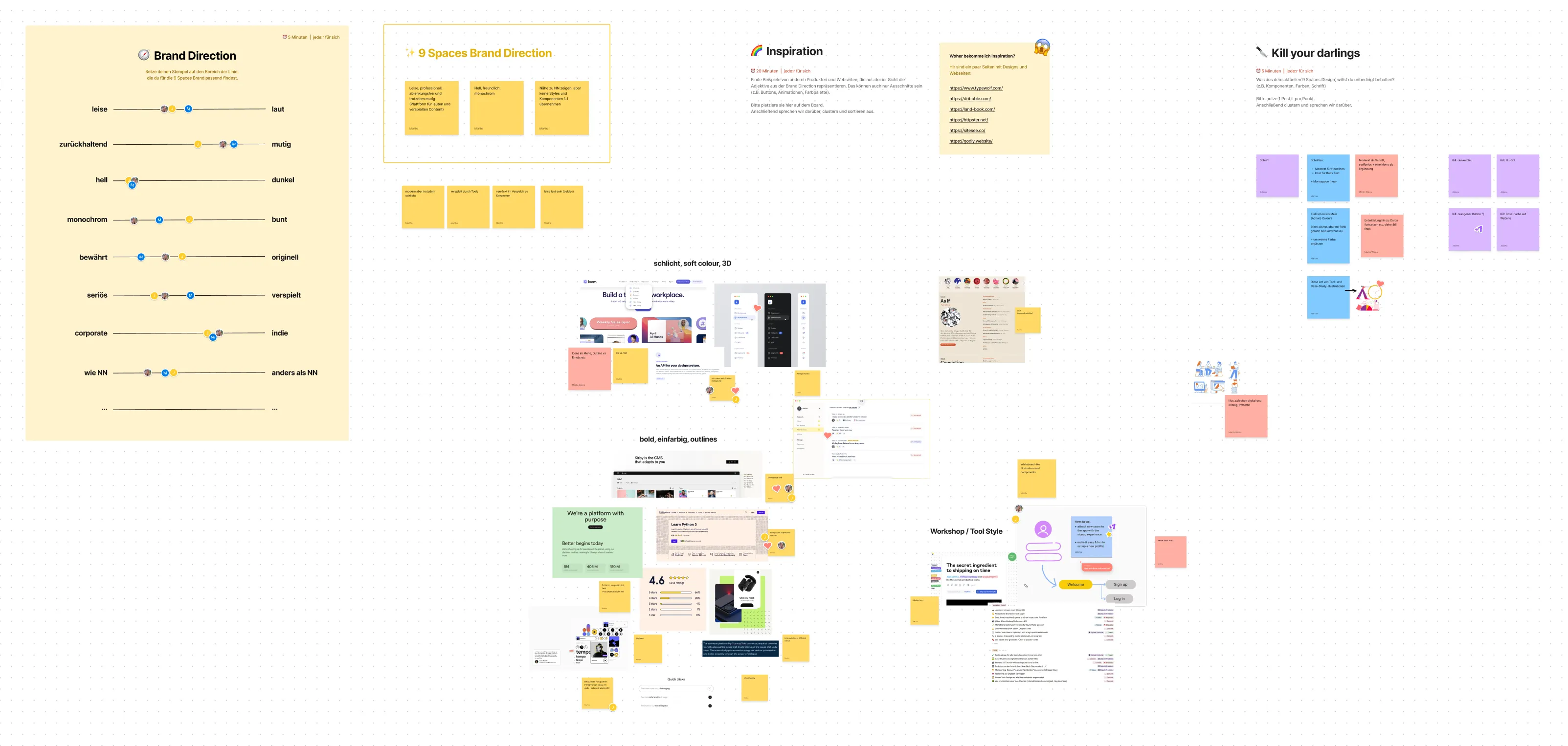 Digital whiteboard with design inspiration and sticky notes